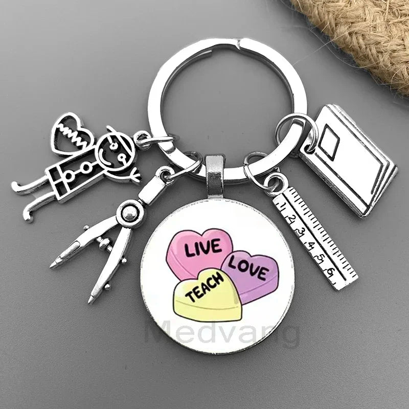 New Thank You Teacher Keychain Gift Thanksgiving Teacher Education Pendant Round Glass Keychain Teacher's Day Jewelry Gift