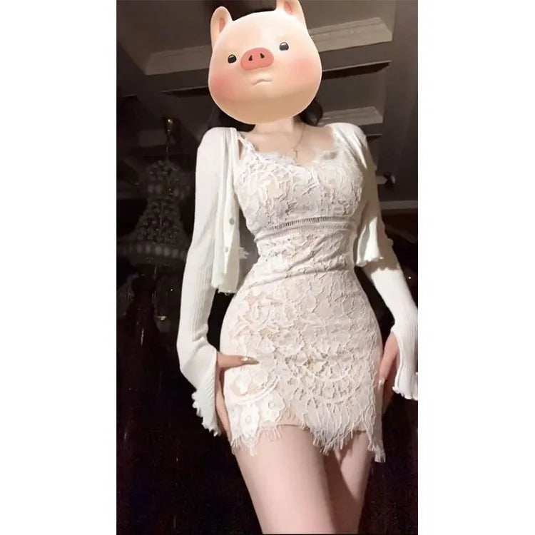 Vintage Lace Slim Fit Bodycon Camisole Dress for Women+ Y2k Long Sleeve Sun Protection Cardigan 2025 Summer New Two Piece Sets