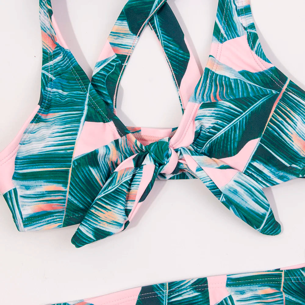 Leaf Print Bandage Girls Kids Swimwear Swimsuit 7-14 Years Falbala Children Bikini Set Wholesale Brand Baby Biquini Infantil 278