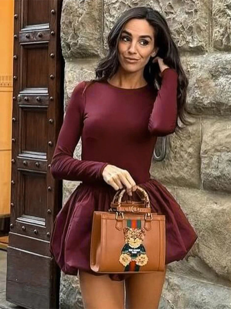 Trendix Pleated Skirt 2 Piece Sets Women Burgundy Bodycon Long Sleeve Shirts Vintage Fashion High Waist Dress Suits 2024 Winter