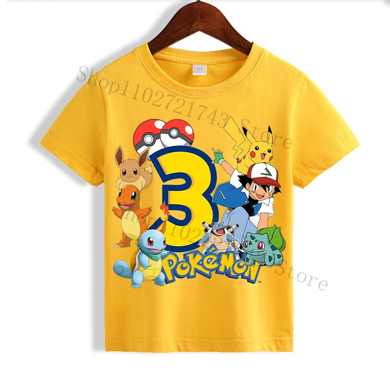 Pokemon Pikachu Yellow T-shirts for Children Anime Short Sleeved Shirt Boys Girls Summer Fashion Number 1-10 Tops Kids Clothes