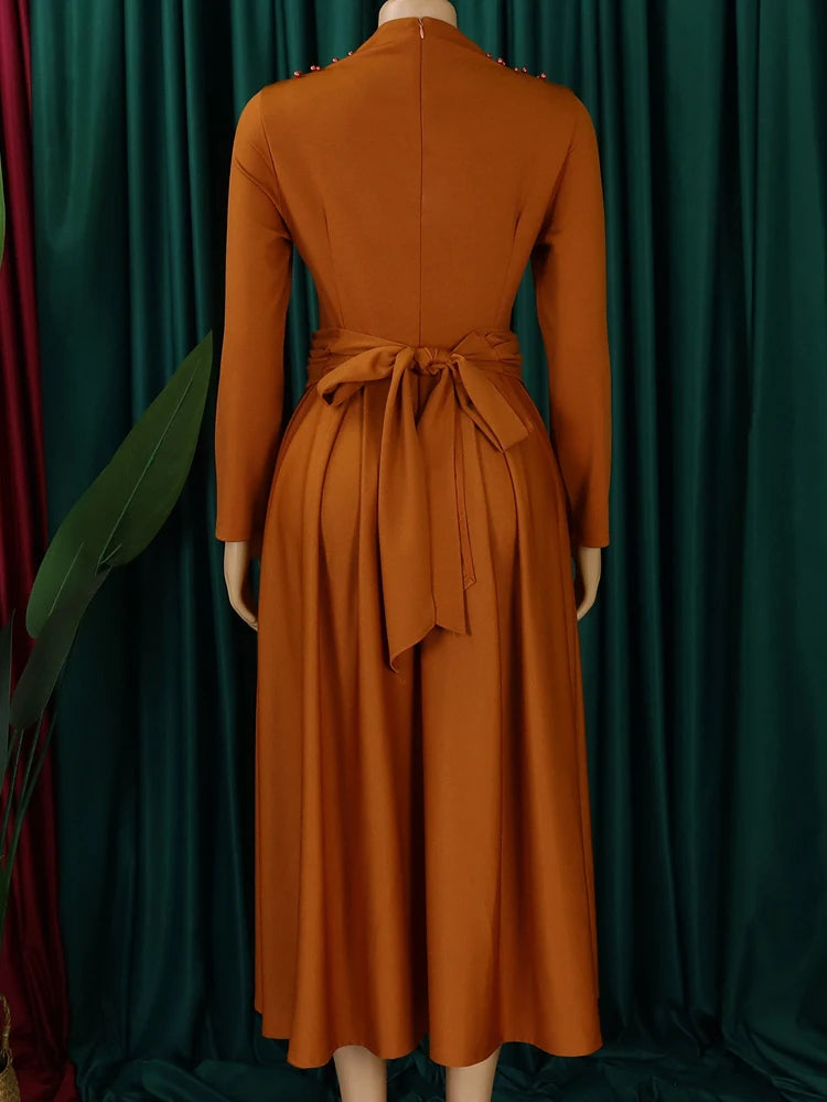 FairyShely 2025 Solid Long Sleeve Plus Size Long Dress Women Hollow Large Big Dresses Lady Cross Push Up Party Tight Curvy Dress