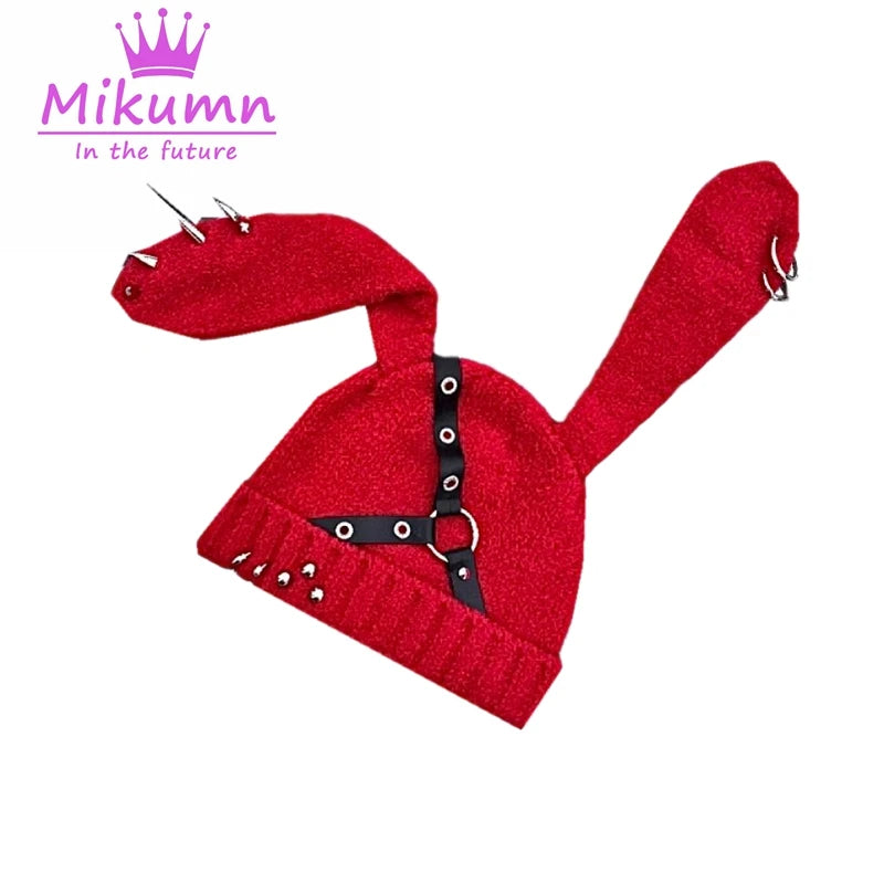Harajuku Punk Rock Leder Ring Nieten Kaninchen Ohr Strickmützen Gothic Grunge Schwarz Rot Chic Design Frauen Winter Warme Beanie Hüte 