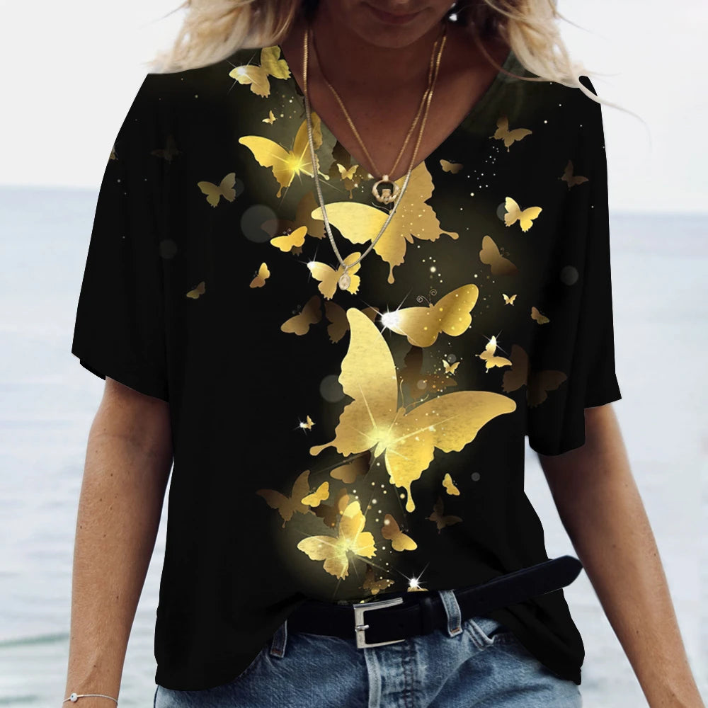 Butterfly Printed Women's T-Shirt clothes 3D V-Neck Cotton Fashion Short Sleeve Tops 2025 Casual Basic Girl's Clothing Harajuku Clothes