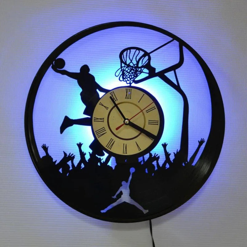 Basketball Wall Clock LED Remote Control Light Basketball Player Vinyl Record Wall Clock Dunk Basketball Home Decoration Gift