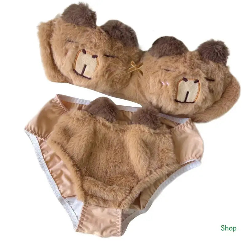 Dropship Women's Anime Capybara Lingerie Plush Bra and Panty Briefs Furry Underwear Set