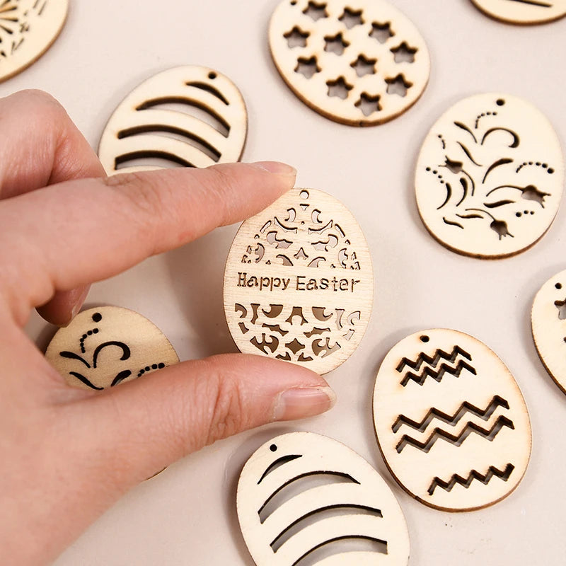 25/50Pcs Easter Eggs Wooden DIY Craft Hanging Ornaments Hollowed Wood Chips Happy Easter Party Decorations For Home Kids Gift