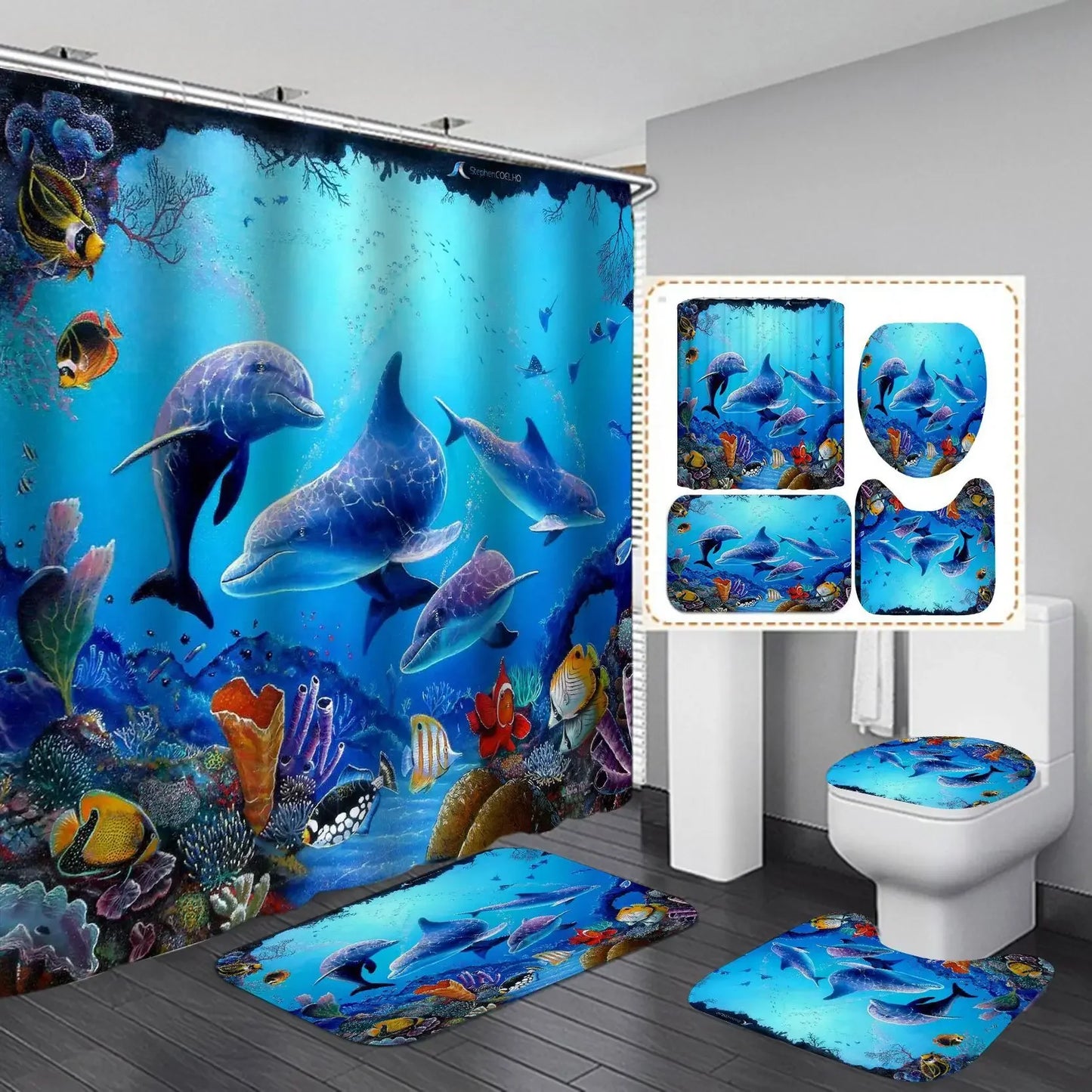 3D Ocean Design Dolphin Waterproof Fabric Bathroom Curtain Blue Shower Curtains Set Anti-skid Rugs Toilet Lid Cover Bath Mat