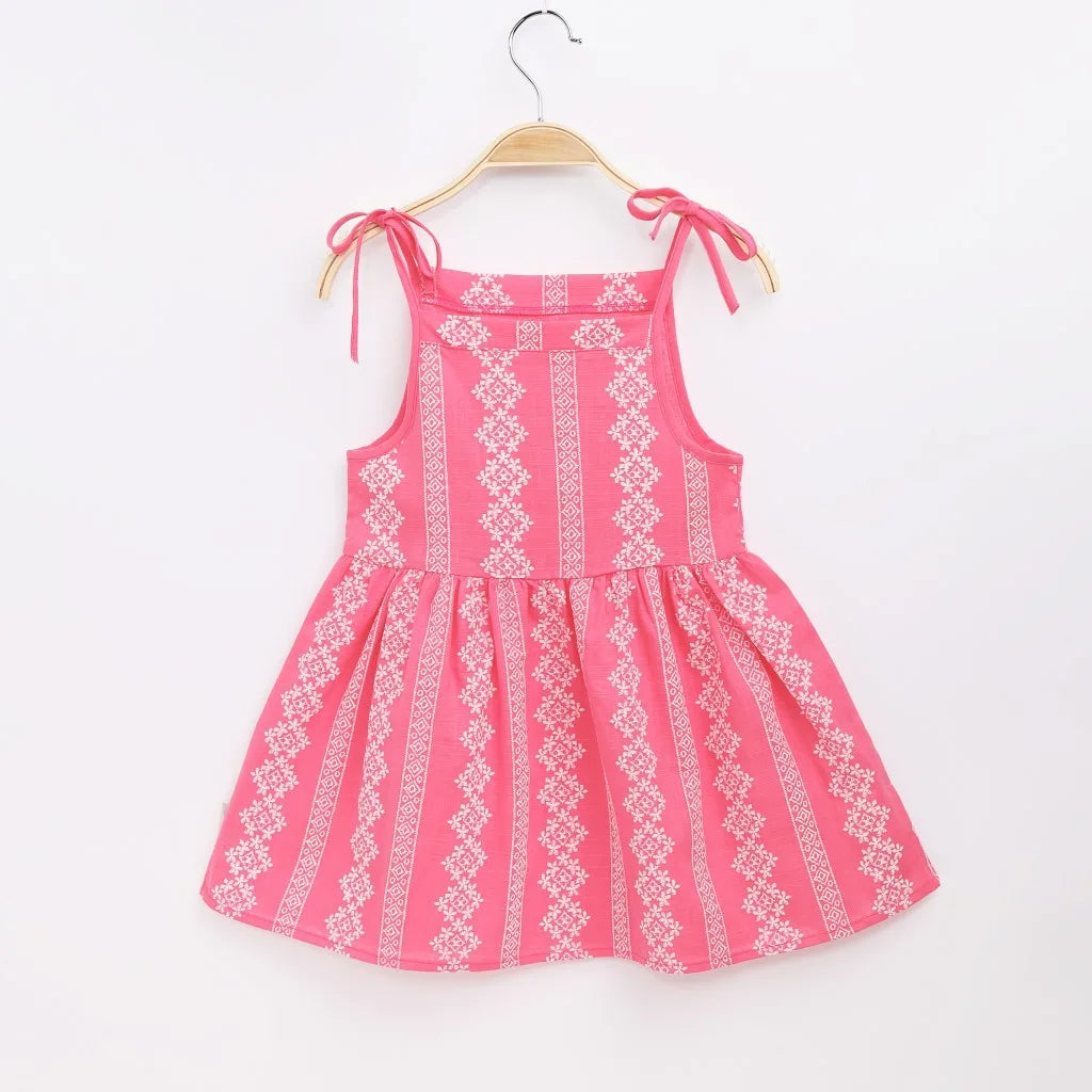 Girls Strappy Pink Sleeveless Printed Dress Cotton And Linen Casual Dress