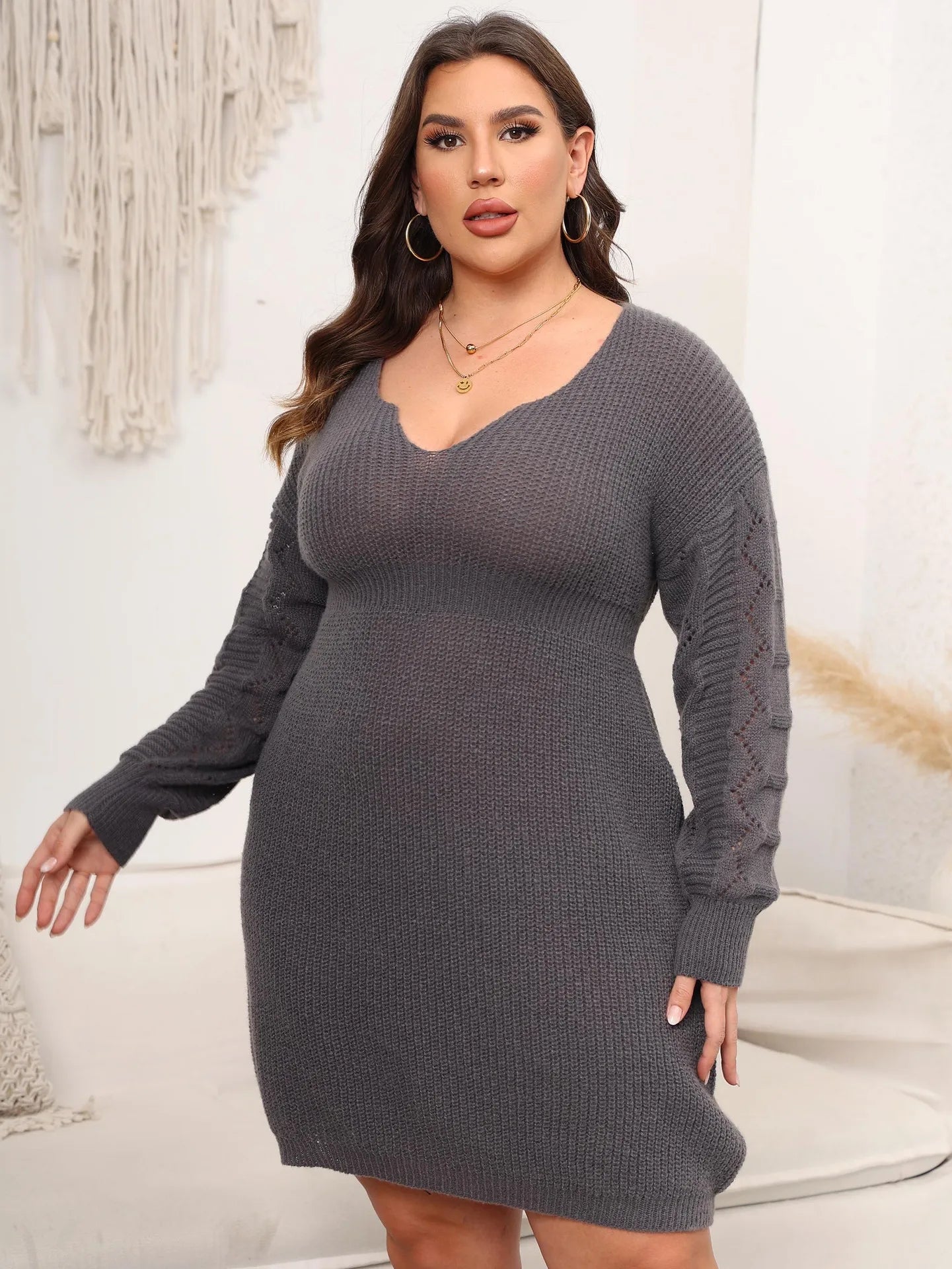 FairyShely 2025 Winter V-Neck Plus Size Sweater Dress Women Long Sleeve Large Big Knitted Dresses Autumn Tight Curvy Warm Dress