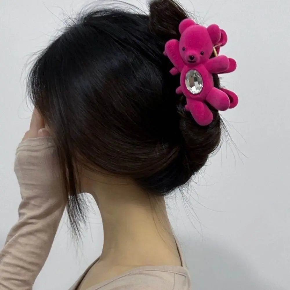 Creative Flocking Cute Bear Hair Claw Hair Clip Shark Clip Shark Grab Clip Rhinestone Headwear Back Head Hair Clip Travel