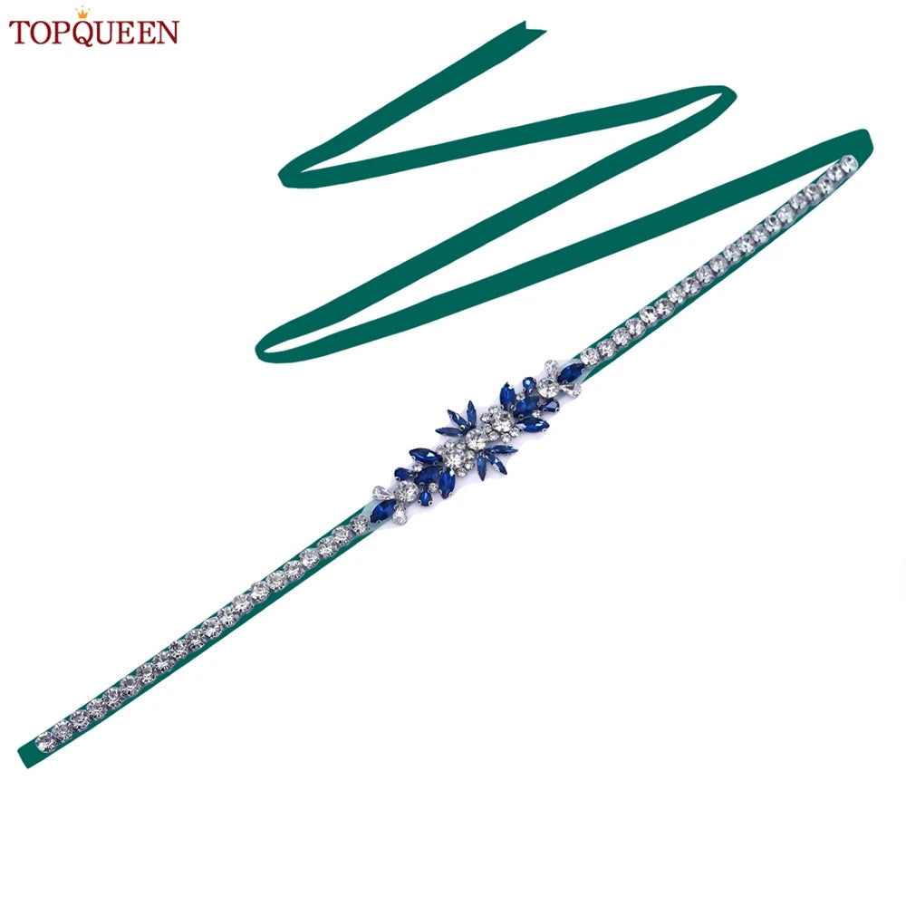 TOPQUEEN Blue Diamond Bridal Ribbon Belt Banquet Evening Dress Jewelry Sash Wedding Accessories Women Waist Decoration S166-ML