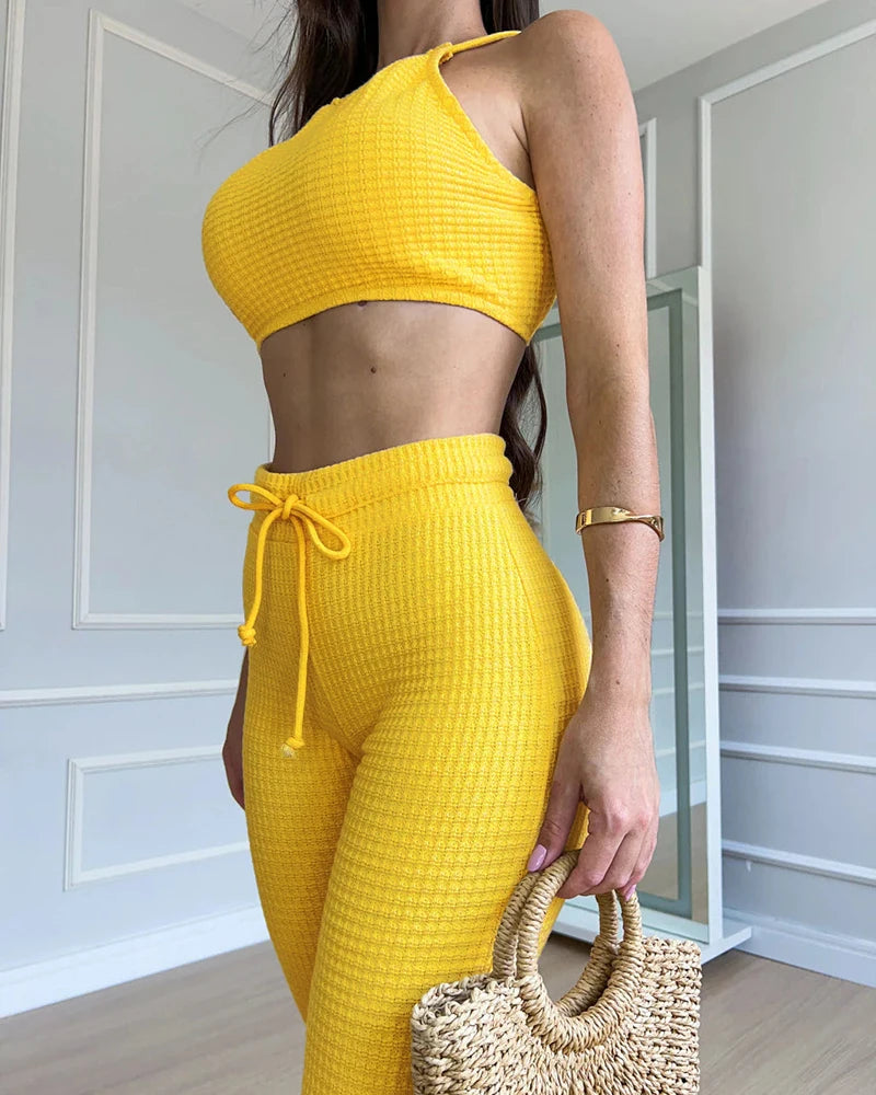 Women's Fashion Casual Waffle Solid Color Strap Top Tight Pants Set for Spring/Summer 2025 New Women's Clothing