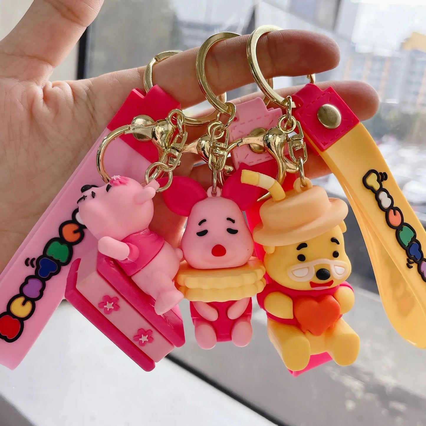 Disney Cartoon Pooh Bear Silicone Keychain for Women Men Kids Lovely Pink Piglet Eeyore Keyring Accessories Gifts
