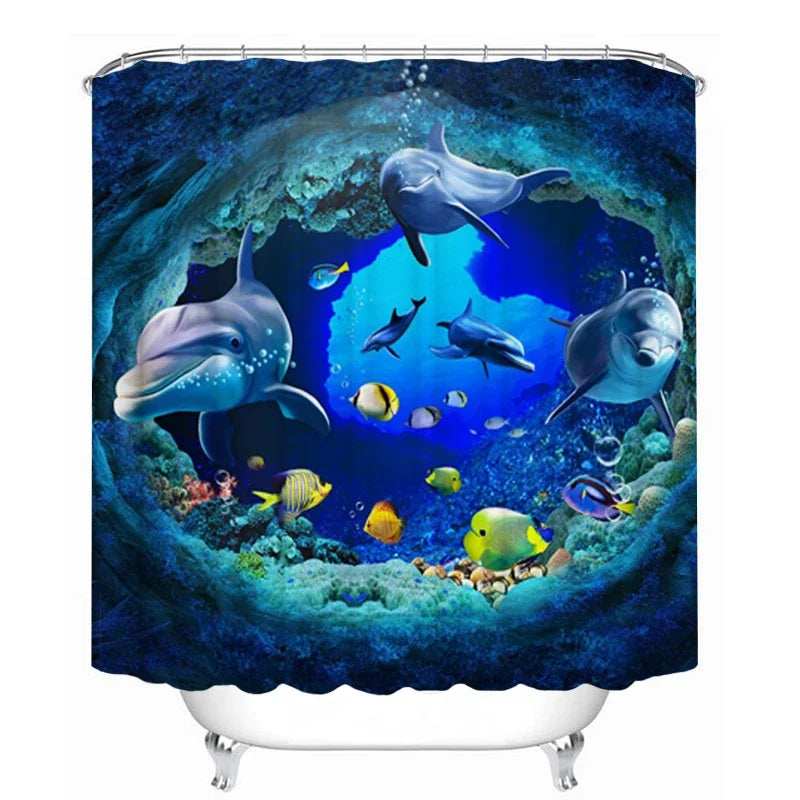 3D Ocean Design Dolphin Waterproof Fabric Bathroom Curtain Blue Shower Curtains Set Anti-skid Rugs Toilet Lid Cover Bath Mat