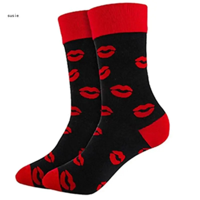 Cotton Middle Calf Socks for Him and Her Heart Lips Pattern for Valentines Day X7YA