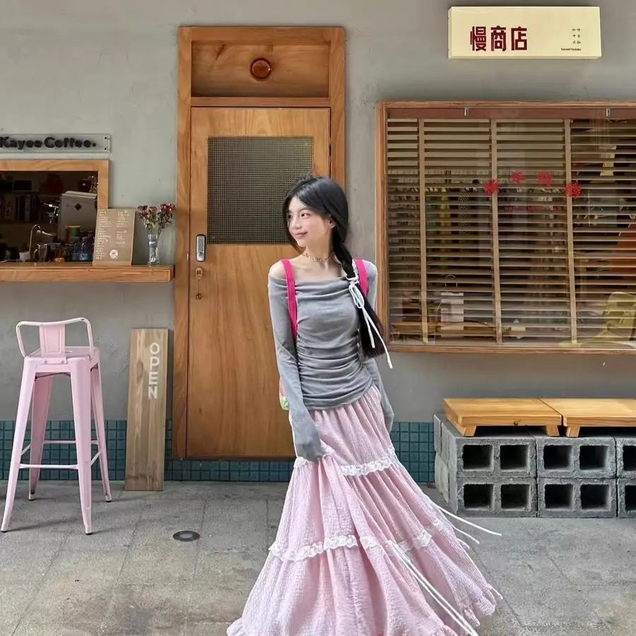 Wedbleser Fashion 2025 Sweet Ballet Style French Petite Outfit Slim Fit Gray Top Pink High Waisted Long Skirt Two-piece Set clothes