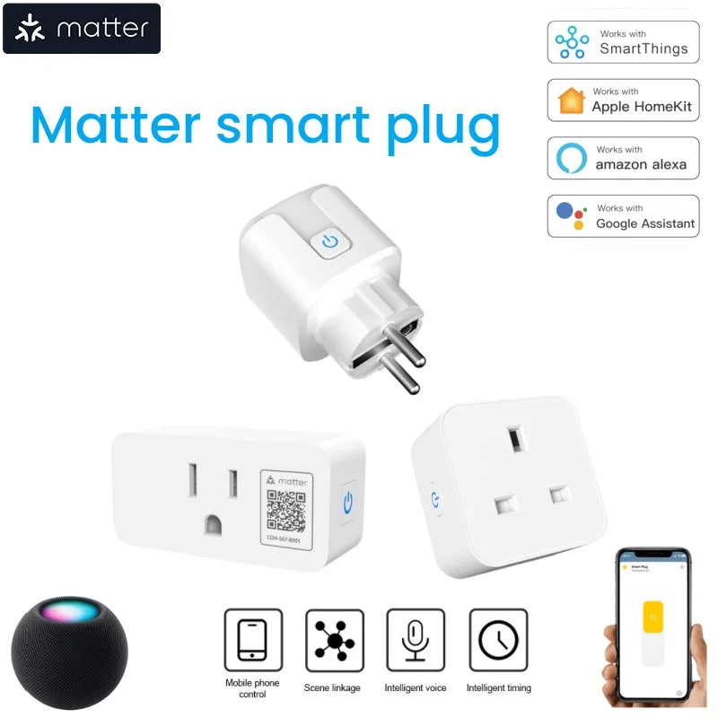 Matter WLAN-Smart-Stecker mit Timing-Funktion für US10A/EU/UK16A. Intelligente Steckdose mit Sprachsteuerung für Apple Home, Alexa und Google Home.