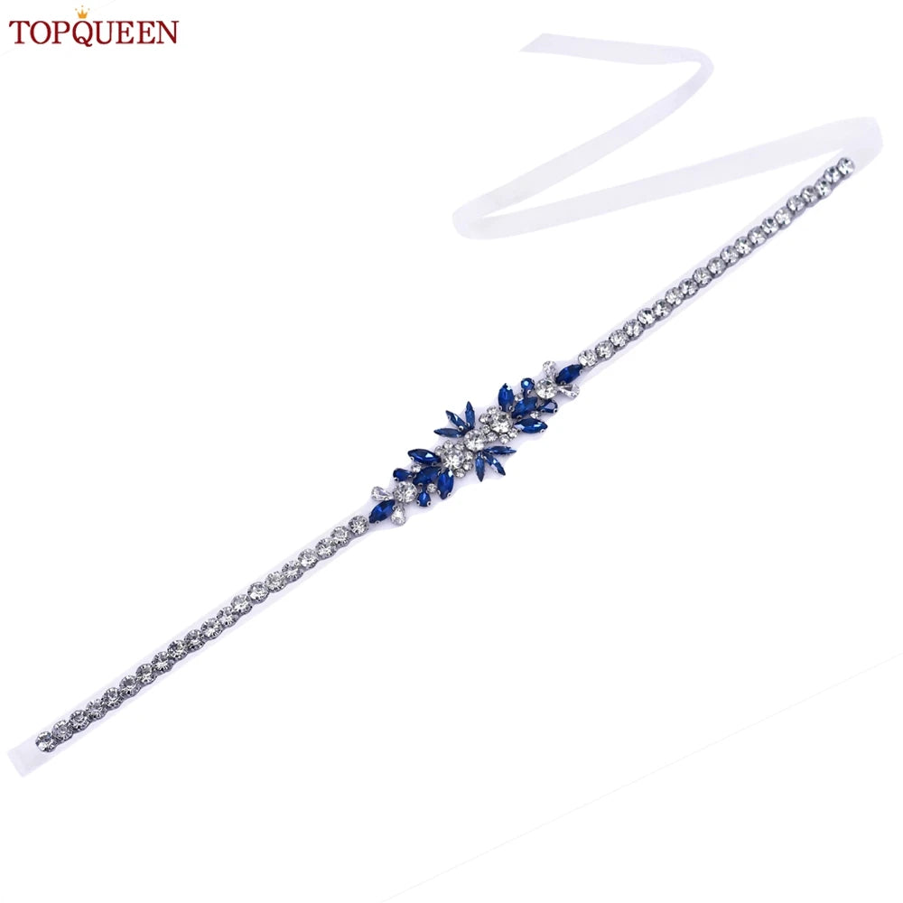 TOPQUEEN Blue Diamond Bridal Ribbon Belt Banquet Evening Dress Jewelry Sash Wedding Accessories Women Waist Decoration S166-ML