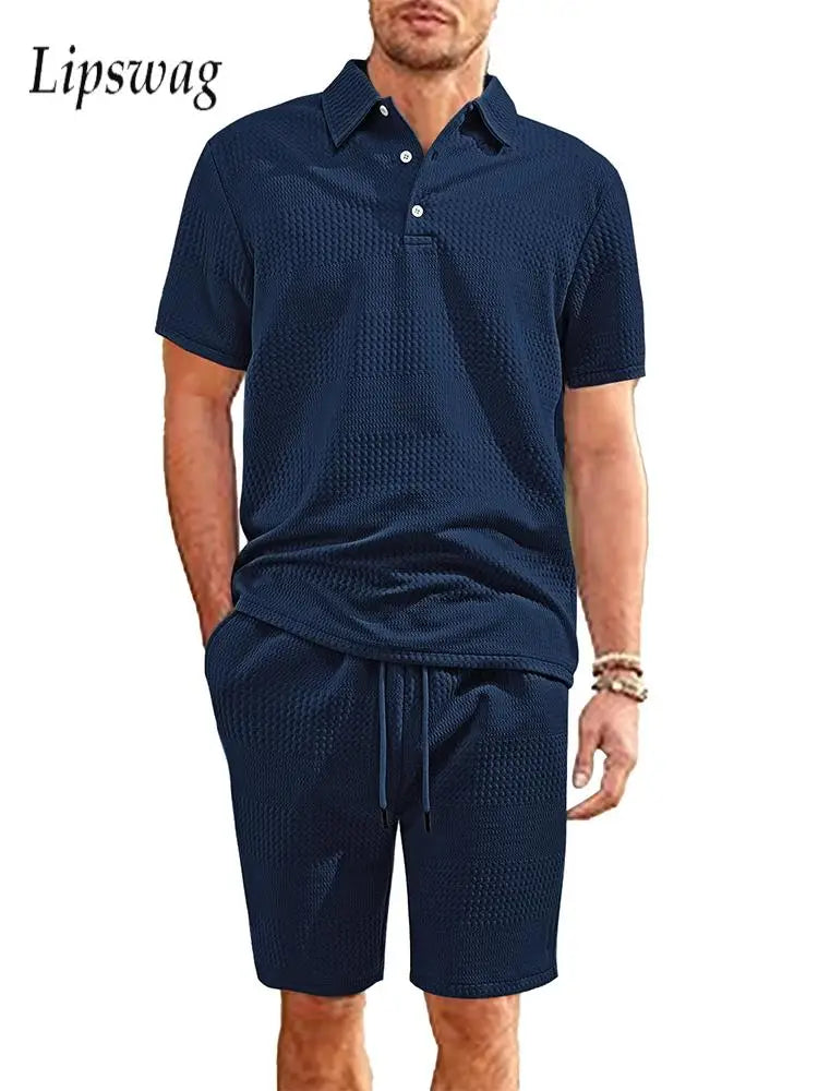 Fashion Textured Jacquard Two Piece Suits For Mens 2025 Summer Casual Solid Color Loose Polo Shirts And Shorts Outfits Men Sets