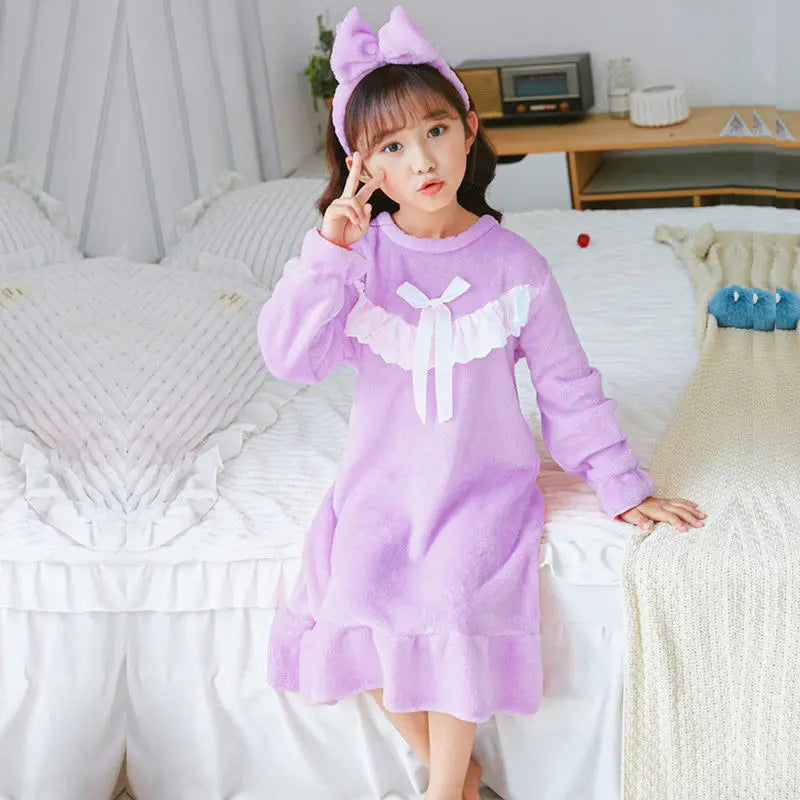 Autumn Winter Girls Flannel Nightdress Children Long-sleeve Nightdress Round Neck Bowknot Decoration Princess Style Pajamas