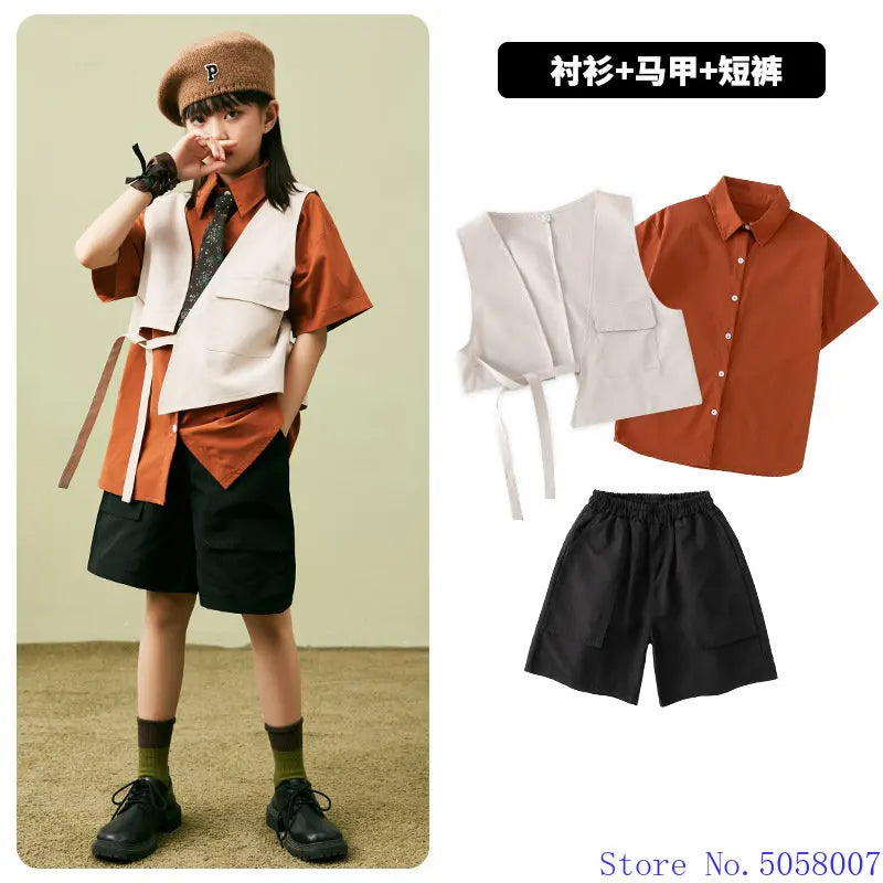 Children Clothes Girls Boys Summer New Lapel Shirt White Vest Black Elastic Waist Shorts 3pcs Jazz Dance Outfit Performance Wear