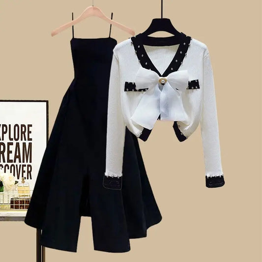 Women's Spring Autumn Single/Outfits 2023 New Skin Covering Slim Fragrant Style Cardigan Waist Wrapped Dress Two Piece Set
