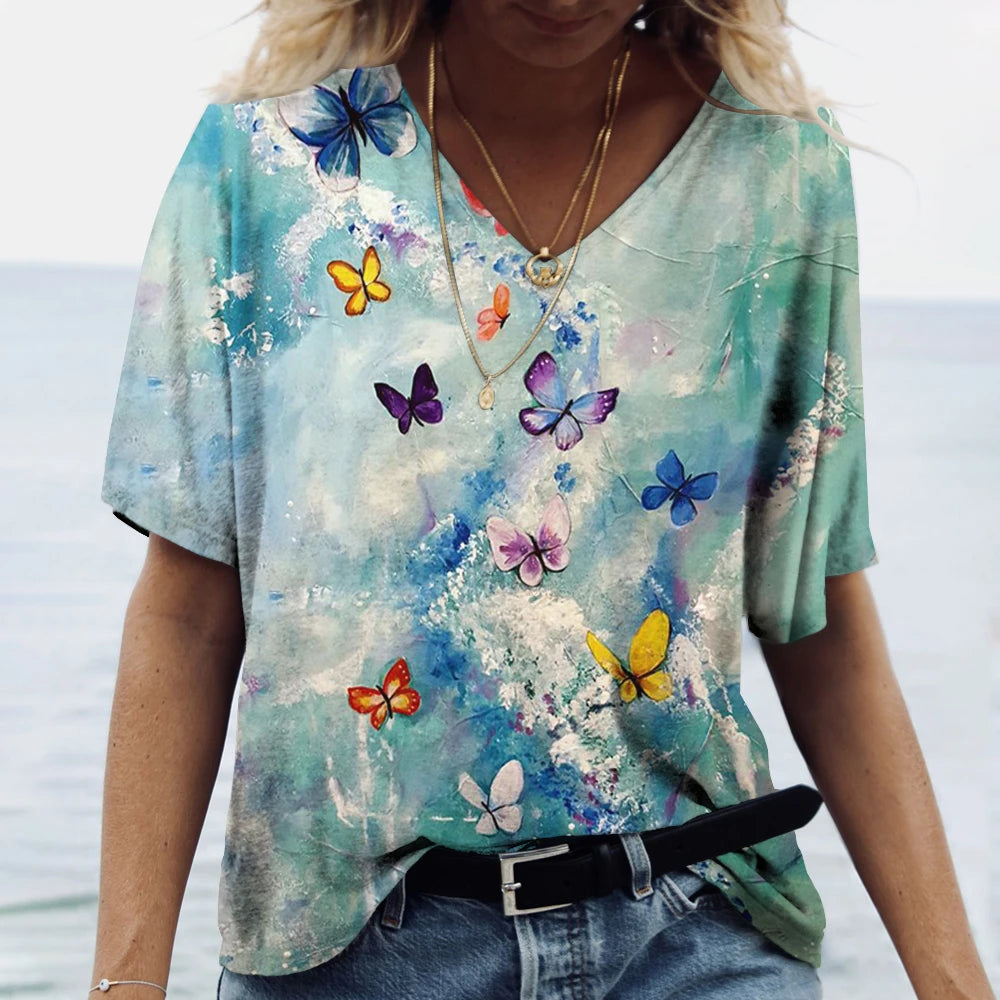 Butterfly Printed Women's T-Shirt clothes 3D V-Neck Cotton Fashion Short Sleeve Tops 2025 Casual Basic Girl's Clothing Harajuku Clothes