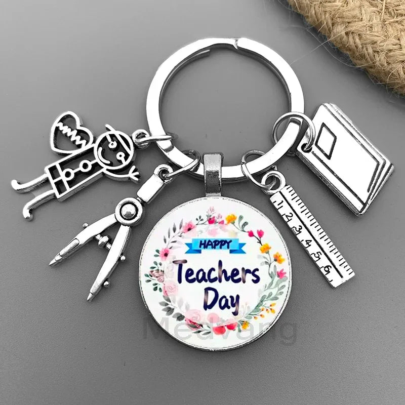 New Thank You Teacher Keychain Gift Thanksgiving Teacher Education Pendant Round Glass Keychain Teacher's Day Jewelry Gift