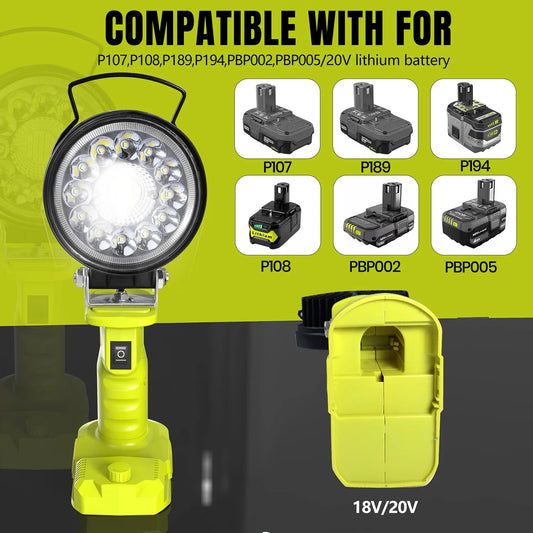 LED-Alarm-Arbeitsleuchte, Taschenlampe, Suchscheinwerfer, Taschenlampe, Scheinwerfer, Campinglampe für Ryobi 18 V Lithium-Nickel One+ Akku P108 