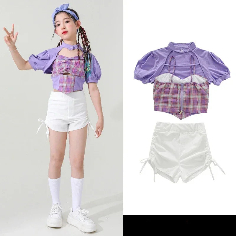 Girls Summer Jazz Dance Costume Plaid Tops Shorts K-pop Clothing Hip Hop Dance Outfit for Children Cheerleading Clothes Kids AB