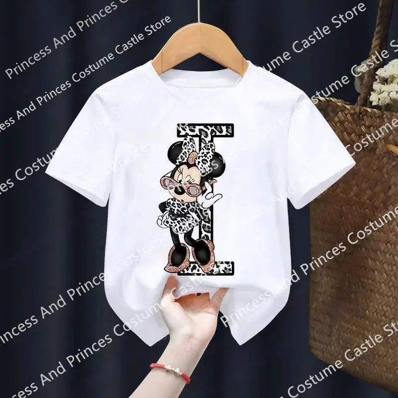 Minnie Letter A B C D Children T-shirt Kawaii Disney Clothes for Girls T Shirt Anime Cartoons Casual Kid Boy Short Sleeve Tops