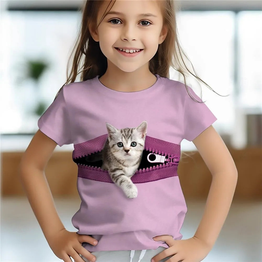 Kinderkleidung für Mädchen, T-Shirt mit 3D-Katzen-Print, kurzärmelig, Kinderkleidung, modische Kostüme für Mädchen, Top im Alter von 2 bis 12 Jahren 