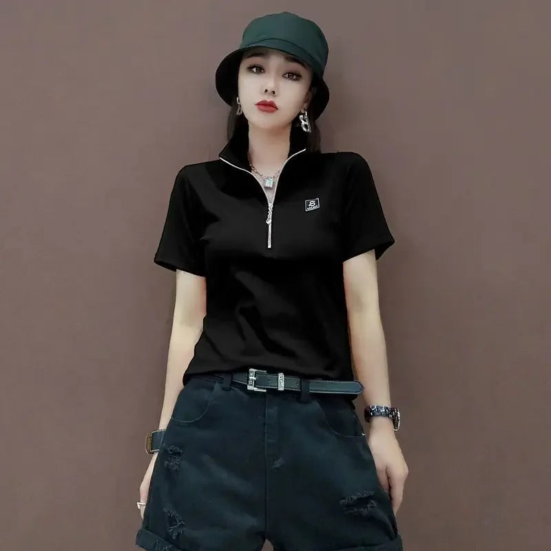 T-shirt Woman Short Sleeve Tee Clothing Green Polo Neck Shirts for Women Tops White Korean Style Polyester Luxury High Quality V clothes