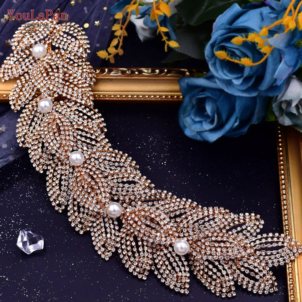 TOPQUEEN Wedding Headband Leaf Bridal Headpiece Woman Hair Accessories Jewelry Handmade Bride Headdress Pageant Tiara HP411