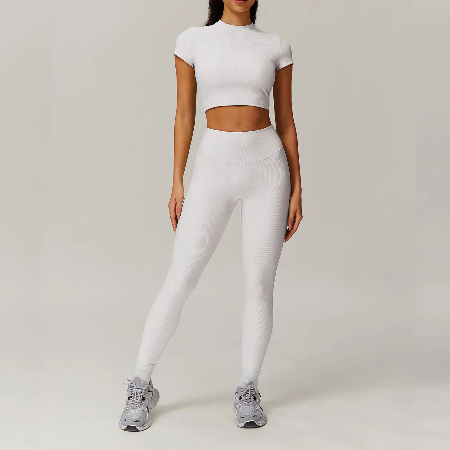 White 2PCS Women Yoga Set Workout Tracksuits Sportswear Gym Clothing Fitness Long Sleeve Jacket Waist Leggings Sports Suit