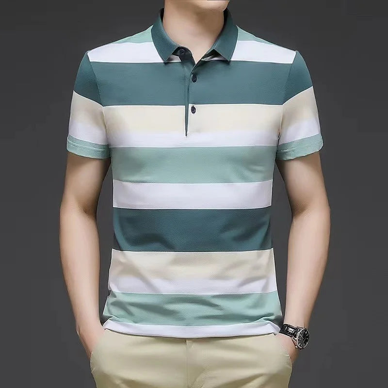 Men's Polo Shirts Korea Man Golf Shirts Summer Striped Print Button Clothing Business Style Male Streetwear Short Sleeve T-Shirt