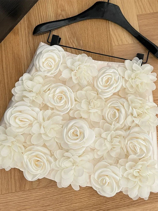 Apricot A-line Skirt Vintage 90s Aesthetic Y2k 3D Floral Skirts Harajuku Korean Mini Skirts 2000s Cutecore Clothes 2025 Women's