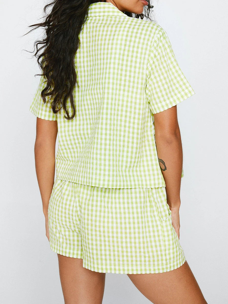 New Gingham Pajama Shorts set Women's 2 Piece Lounge Set Short Sleeve Lapel Plaid Shirt Tops Shorts Sleepwear Sets