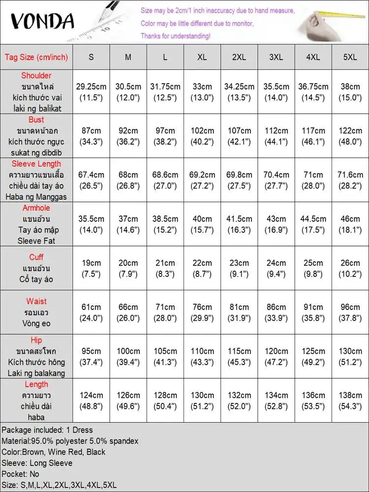 Plus Size 2024 VONDA Women Party Maxi Dress Fashion Solid Robe Long Sleeve Turn Casual Down Collar Sundress Elegant Vestidos