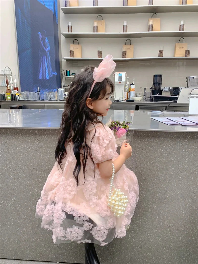 Baby kids Girls 3D Flowers Dress Summer Beaded Collar  2-8 Y