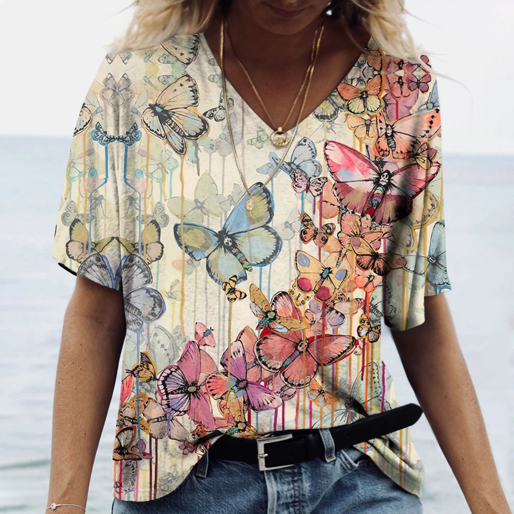 Butterfly Printed Women's T-Shirt clothes 3D V-Neck Cotton Fashion Short Sleeve Tops 2025 Casual Basic Girl's Clothing Harajuku Clothes
