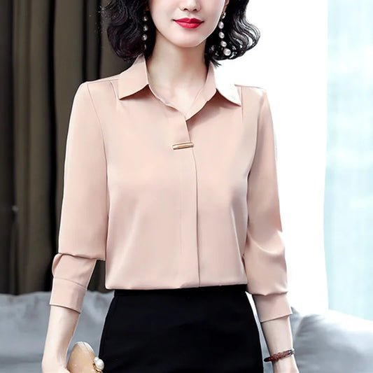 Women's Silk Shirts 2023 Spring Fashion Solid Loose Fashion Ladies Tops Button Long-sleeve Blouse Turn-down Collar Women Shirt