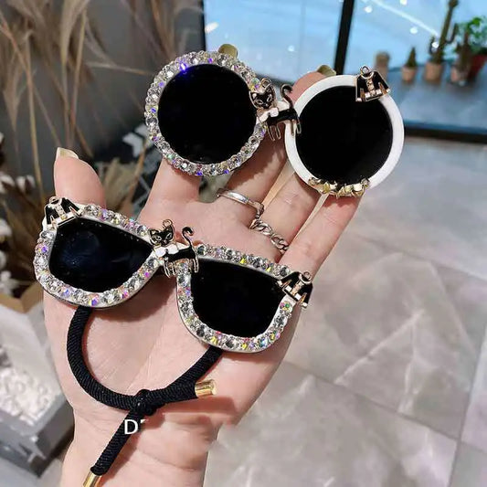 Black Sunglasses Shape Elastic Hair Bands Pins for Women Crystal Rhinestone Hairband Hair Clips Rope Tie Girls Hair Accesorios