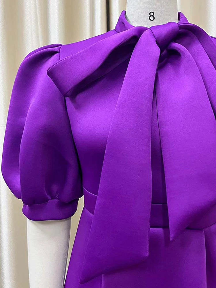 FairyShely 2025 Puff Short Sleeve Plus Size Dress Women Solid Bow Large Big Dresses Summer Lady O-Neck Party Tight Curvy Dress