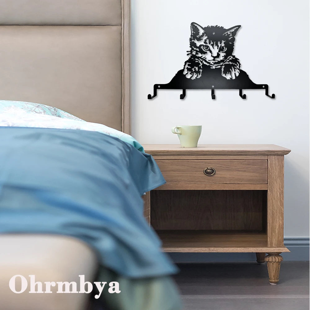 Cute Kawaii Metal Key Holder Black Key Hooks Wall Mount Hanger Decor Hanging Organizer Rack Decorative with 5 Hooks Cat Pattern