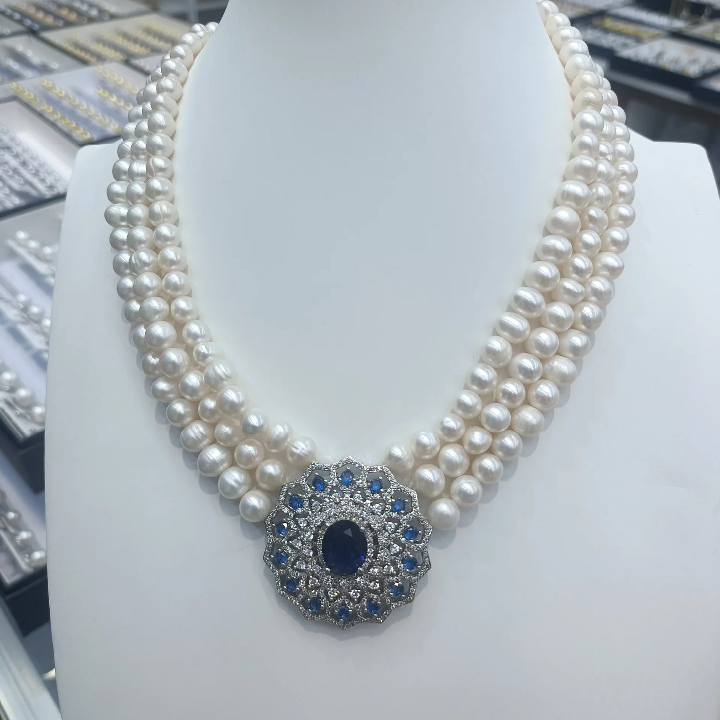 Set 3rows Pearl white gray 5-6mm 7-8mm  necklace bracelet earrings Ring party wedding  women's jewelry  blue zirocn pendant