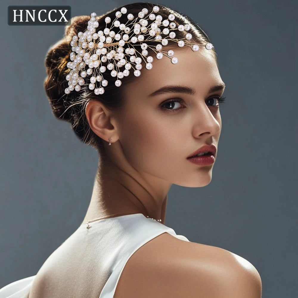HNCCX Luxury Full Pearl Bride Golden Color Hair Comb Wedding Headband Elegant Women Weddiing Party Hair Accessories CP754