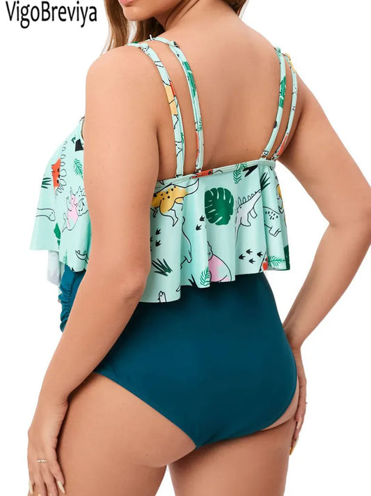 VigoBreviya 2025 Print Ruffle 2 Piece Plus Size Tankini Strapped Women Curvy Swimsuit High Waist Lady Brazilian Big Bathing Suit