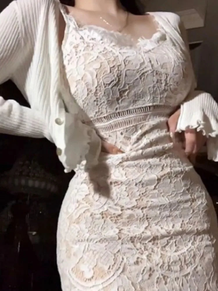 Vintage Lace Slim Fit Bodycon Camisole Dress for Women+ Y2k Long Sleeve Sun Protection Cardigan 2025 Summer New Two Piece Sets
